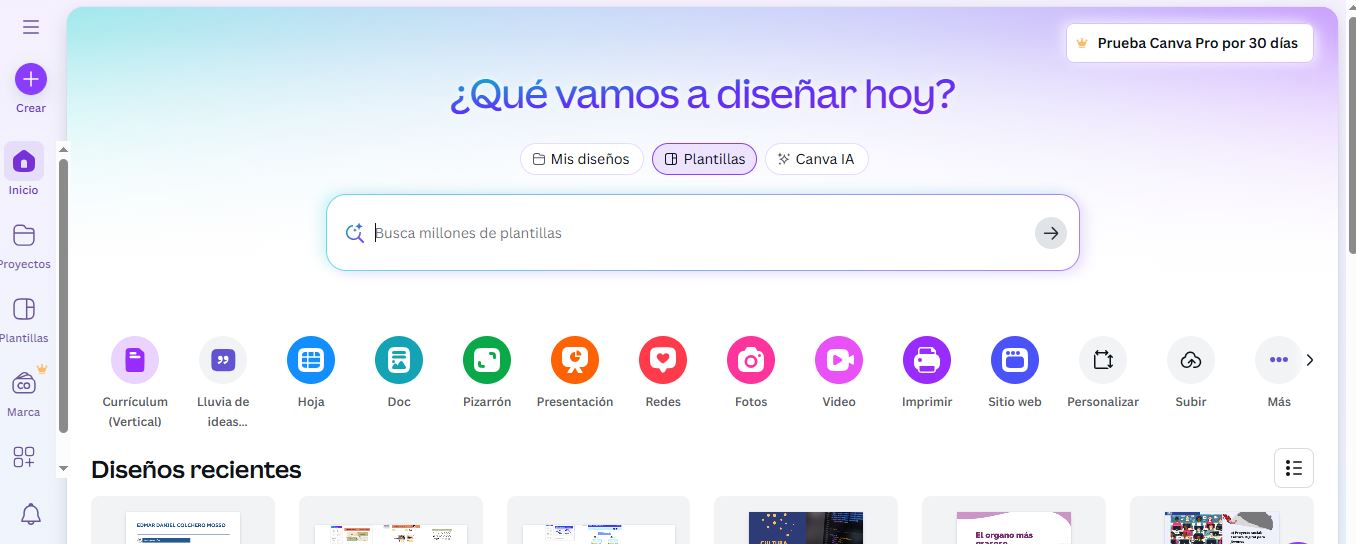 Partes principales de la interfaz de Canva