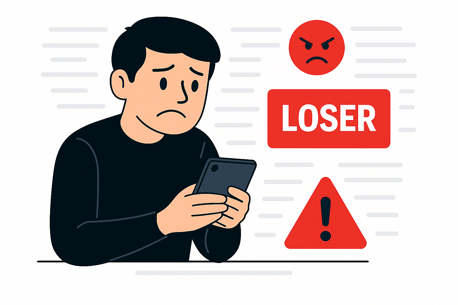 Joven viendo mensajes ofensivos en su teléfono