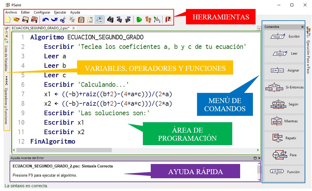 Elementos de la interfaz de PseInt