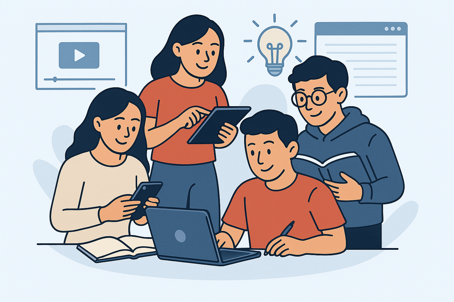 Jóvenes usando herramientas digitales para estudiar