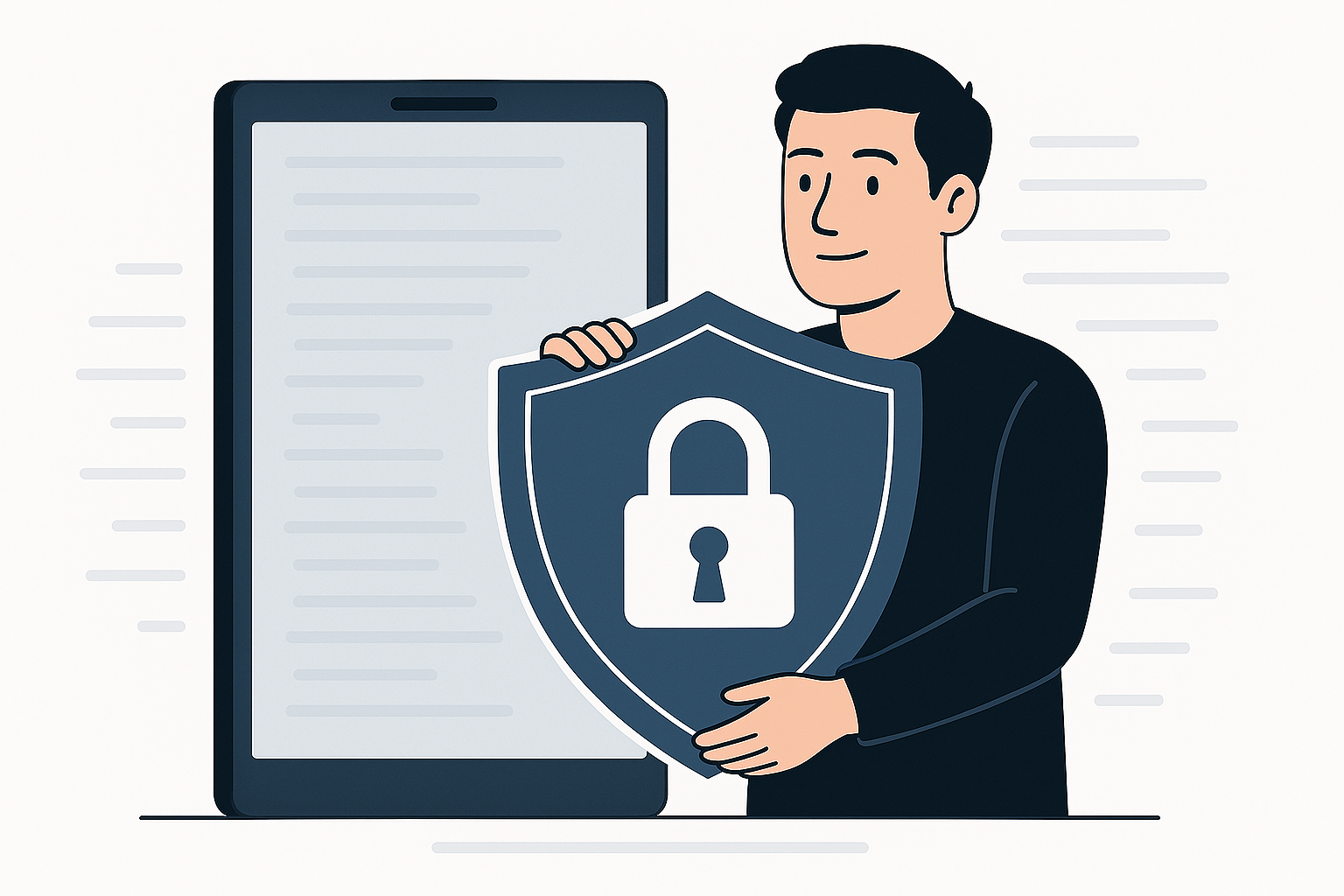 Persona protegiendo su dispositivo con un escudo digital