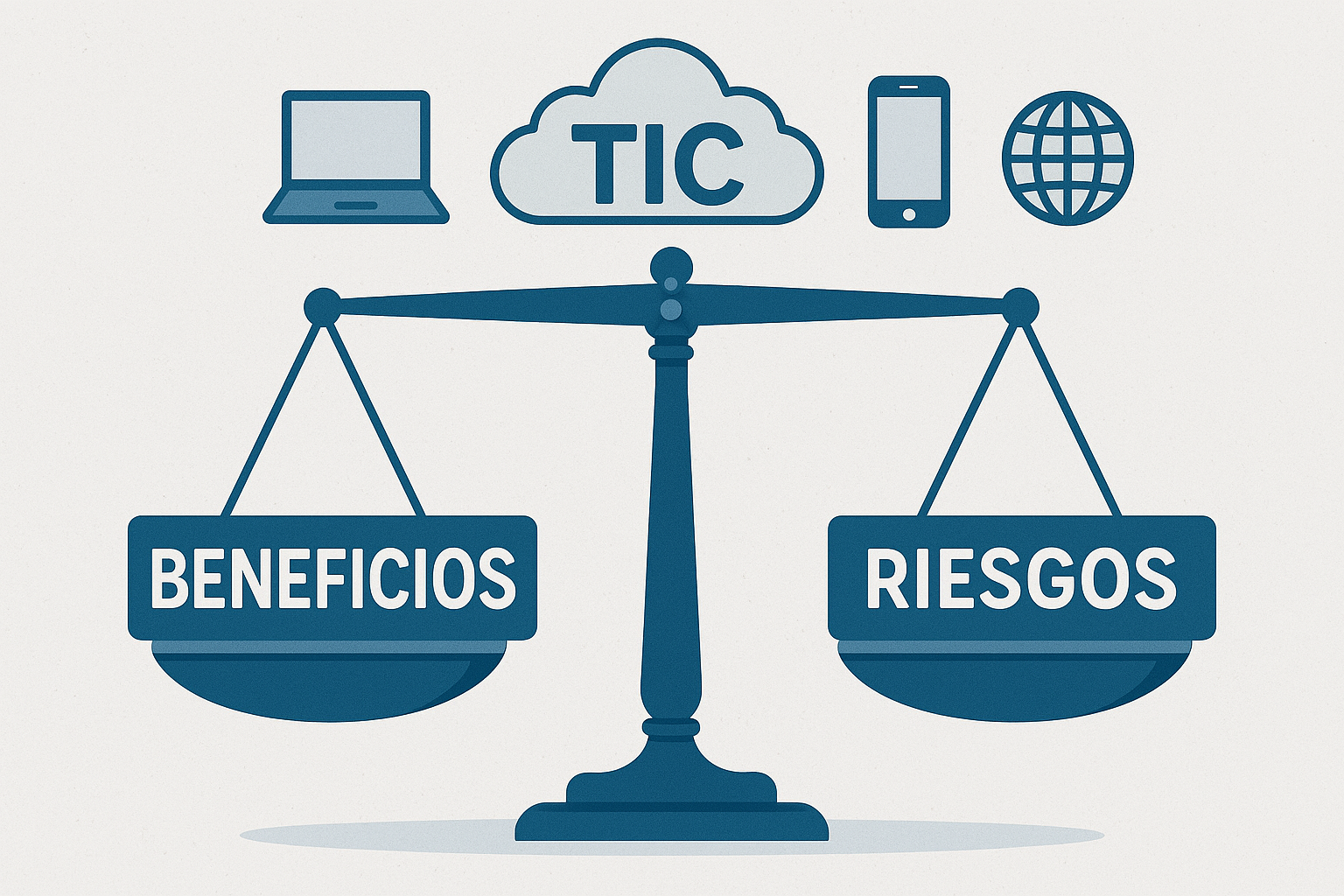 Balanza equilibrando beneficios y riesgos de las TIC