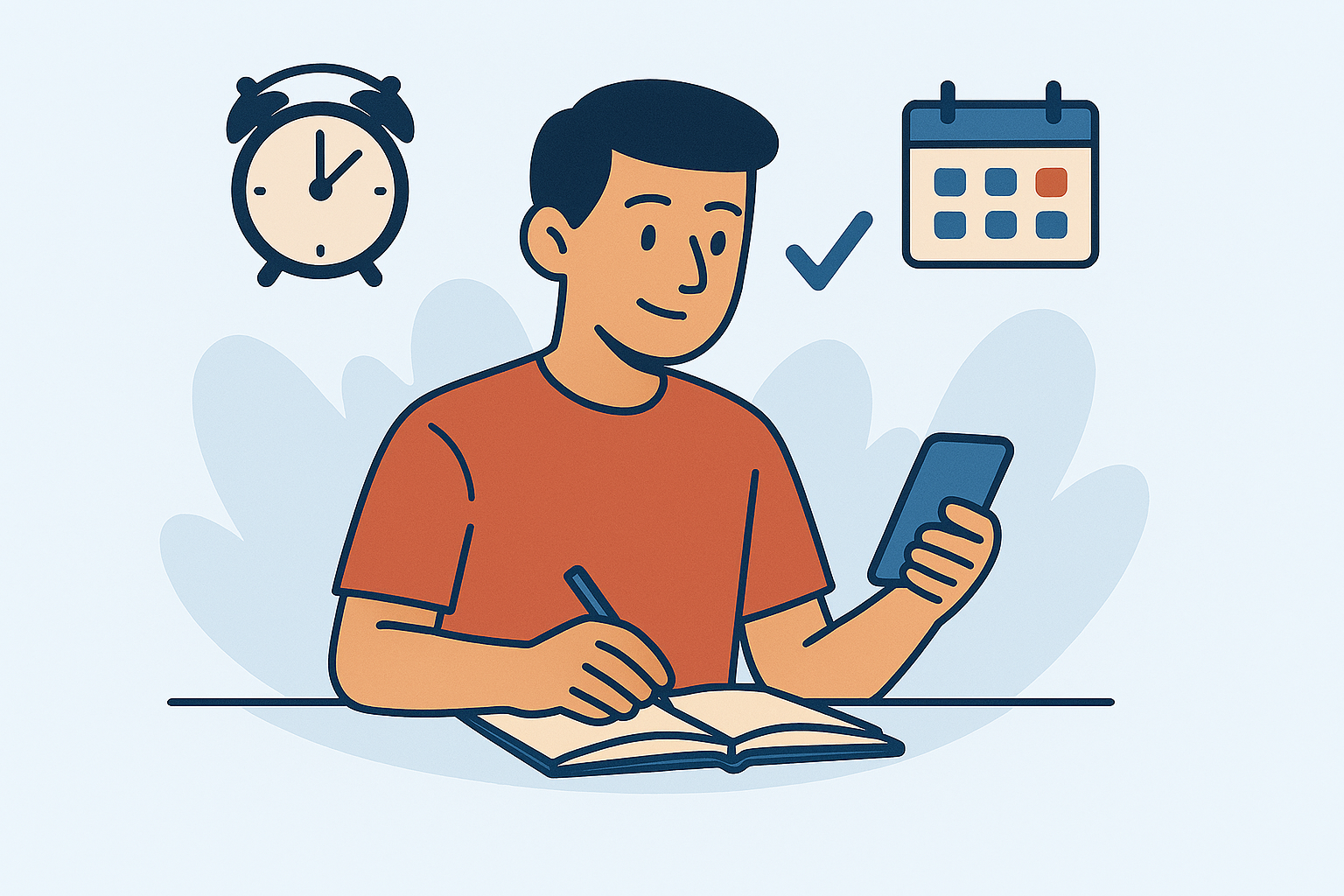 Joven organizando su tiempo con tecnología